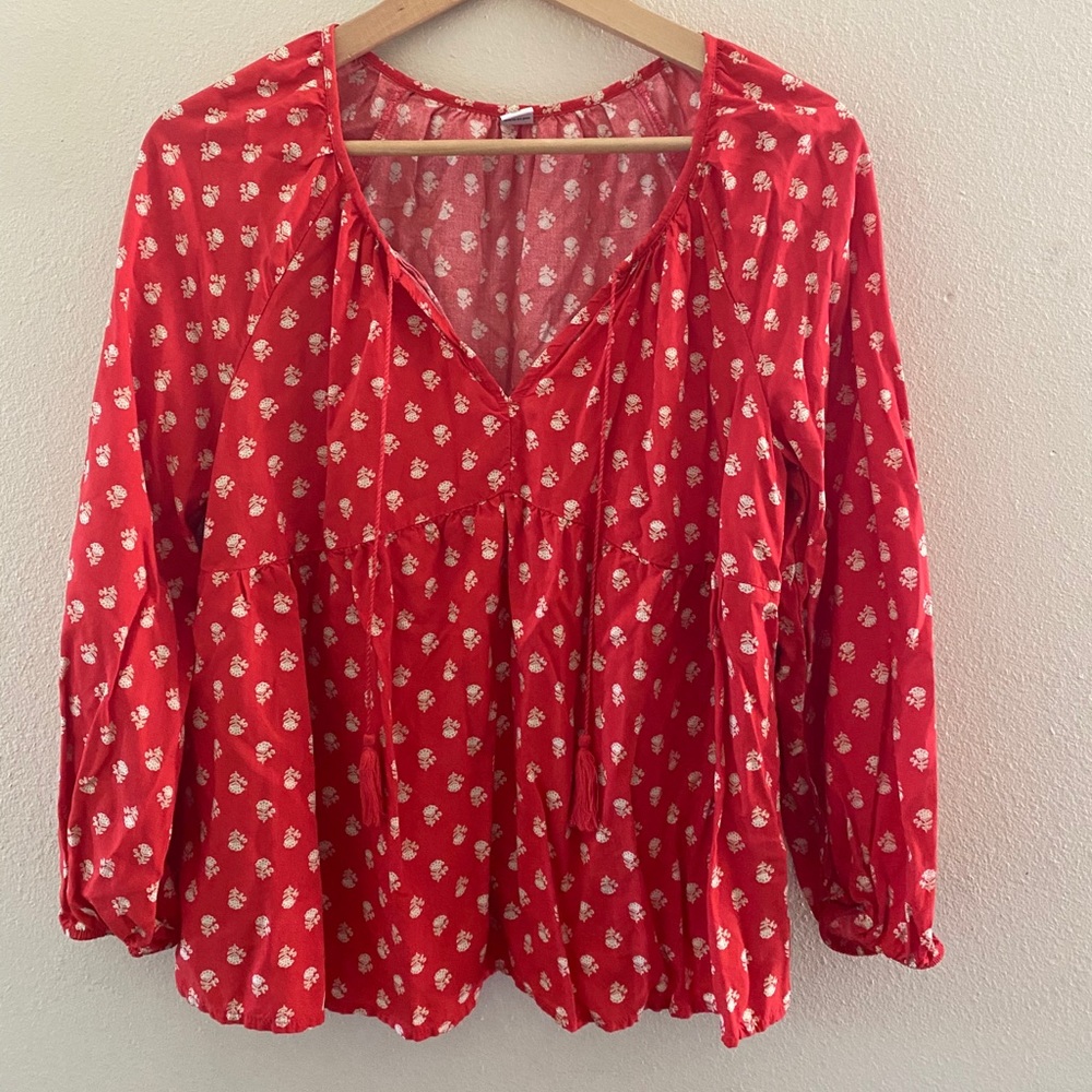 Red Patterned Blouse with Front Tassels
